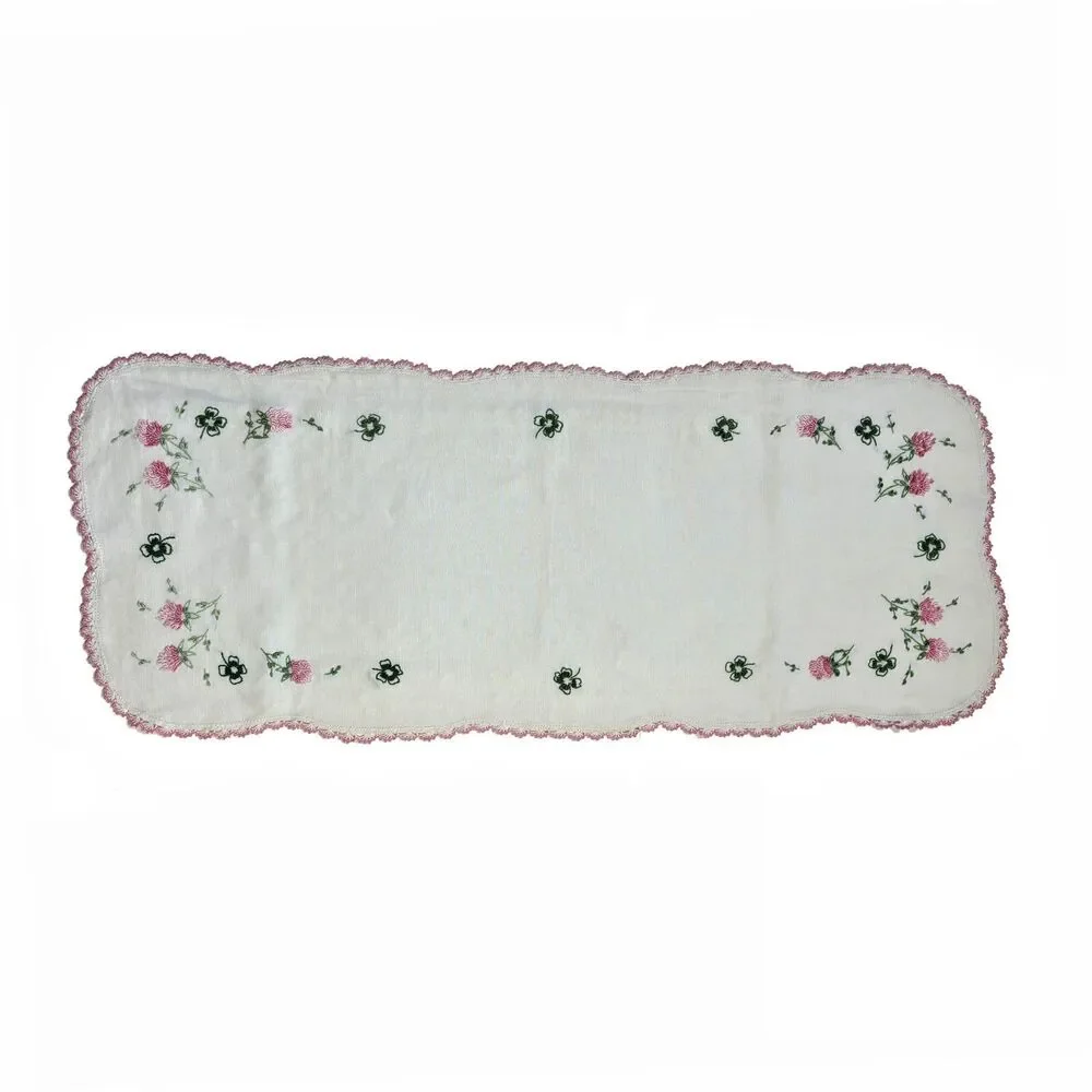 Vintage Linen Embroidered Dresser Scarf Runner Floral Lace Cottageore Heirloom